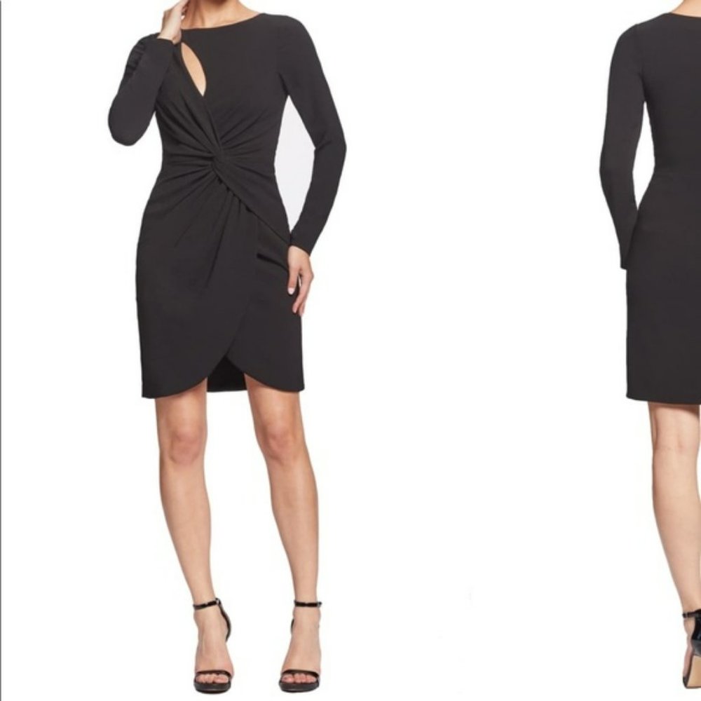 Dress the Population Long Sleeve Twisted Faux Wrap Cocktail Black Dress